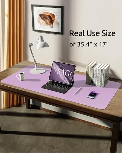 YSAGi Leather Desk Protector, Office Mat, Large Mouse Mat, Non-Slip PU Leather Blotter, Laptop Desk, Waterproof Writing Pad for Office and Home (Taro Purple, 35.4
