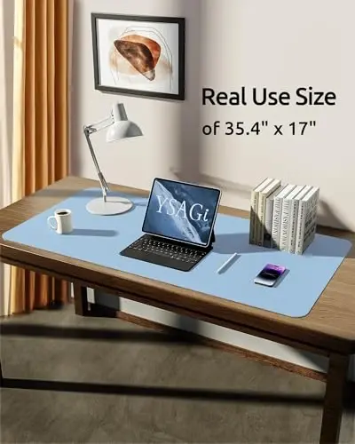 YSAGi Leather Desk Protector, Office Mat, Large Mouse Mat, Non-Slip PU Leather Blotter, Laptop Pad, Waterproof Writing Pad for Office and Home (Baby Blue, 35.4
