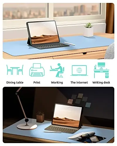 YSAGi Leather Desk Protector, Office Mat, Large Mouse Mat, Non-Slip PU Leather Blotter, Laptop Pad, Waterproof Writing Pad for Office and Home (Baby Blue, 35.4