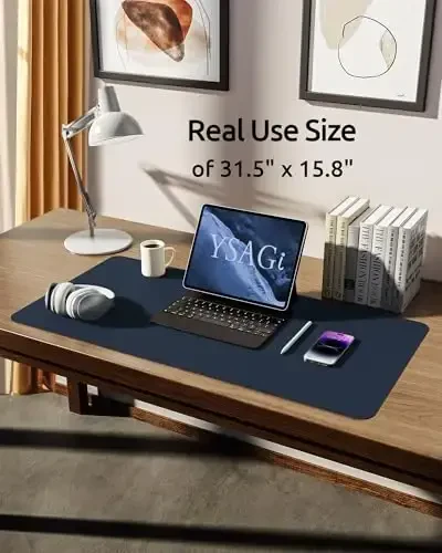YSAGi Leather Desk Protector, Office Mat, Large Mouse Mat, Non-Slip PU Leather Blotter, Laptop Pad, Waterproof Writing Pad for Office and Home (Dark Blue, 31.5