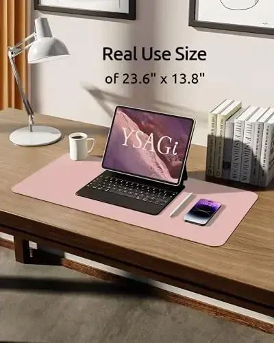 YSAGi Leather Desk Protector, Office Mat, Large Mouse Mat, Non-Slip PU Leather Blotter, Laptop Pad, Waterproof Writing Pad for Office and Home (Light Pink, 23.6