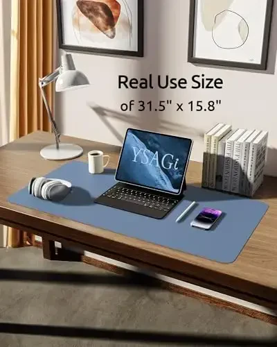 YSAGi Leather Desk Protector, Office Mat, Large Mouse Pad, Non-Slip PU Leather Blotter, Laptop Desk, Waterproof Writing Pad for Office and Home (Blue, 31.5
