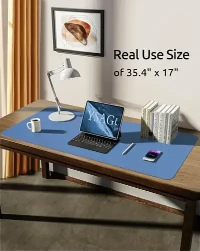 YSAGi Leather Desk Protector, Office Mat, Large Mouse Pad, Non-Slip PU Leather Blotter, Laptop Desk, Waterproof Writing Pad for Office and Home (Sea Blue, 35.4