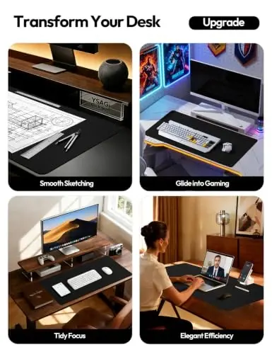 YSAGi Leather Office Desk Pad Protector, Large Mouse Pad, Non-Slip, PU Leather, Laptop Desk Blotter, Waterproof Writing Pad for Office and Home, Black, 23.6