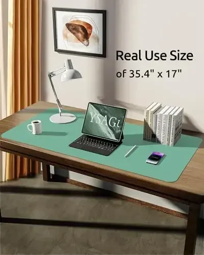 YSAGi teri stol himoyachisi, ofis gilami, katta sichqoncha gilami, sirpanmaydigan PU teri qog'oz qoplamasi, noutbuk stoli, ofis va uy uchun suv o'tkazmaydigan yozuv yostig'i (yashil-ko'k, 35,4