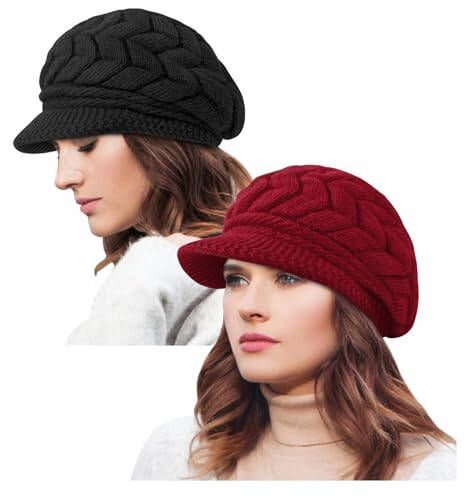 YSense 2 Pack Womens Winter Hats Warm Knit Hat Slouchy Beanie Cap with Brim Gifts - 1