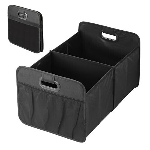 YSSOA Car Trunk Organizer, Foldable 2 Compartment 50L Storage Box with 5 Pocket & Reinforced Handle, 600D Waterproof Oxford Polyester, Non-Slip Bottom, for SUV/Truck, Black - YSSOA