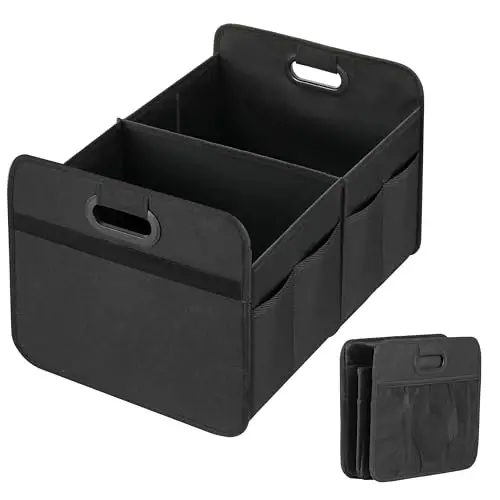 YSSOA Car Trunk Organizer, Collapsible 2 Compartment Non Slip Bottom, Waterproof Car Storage Box, 600D Oxford Polyester Sturdy Accessories for SUV, Mini-Van, 50L, Black - YSSOA