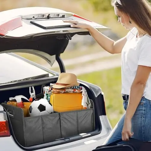 YSSOA Car Trunk Organizer, Collapsible 2 Compartment Non Slip Bottom, Waterproof Car Storage Box, 600D Oxford Polyester Sturdy Accessories for SUV, Mini-Van, 50L, Black - 2
