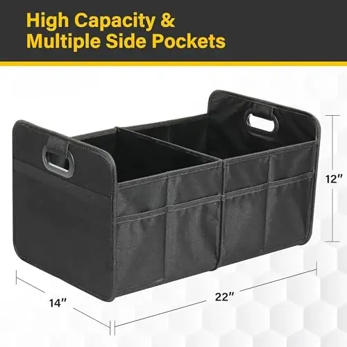 YSSOA Car Trunk Organizer, Collapsible 2 Compartment Non Slip Bottom, Waterproof Car Storage Box, 600D Oxford Polyester Sturdy Accessories for SUV, Mini-Van, 50L, Black - 3