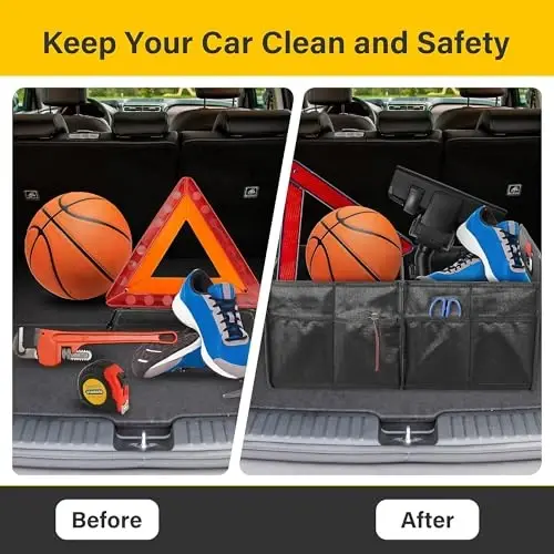 YSSOA Car Trunk Organizer, Collapsible 2 Compartment Non Slip Bottom, Waterproof Car Storage Box, 600D Oxford Polyester Sturdy Accessories for SUV, Mini-Van, 50L, Black - 5