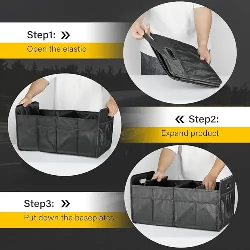 YSSOA Car Trunk Organizer, Collapsible 2 Compartment Non Slip Bottom, Waterproof Car Storage Box, 600D Oxford Polyester Sturdy Accessories for SUV, Mini-Van, 50L, Black - 6