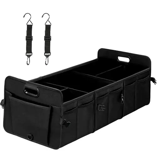 YSSOA Car Trunk Organizer, Collapsible 2 Compartment Non Slip Bottom, Waterproof Car Storage Box, 600D Oxford Polyester Sturdy Accessories for SUV, Mini-Van, 50L, Black - 1
