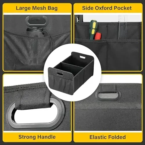 YSSOA Car Trunk Organizer, Collapsible 2 Compartment Non Slip Bottom, Waterproof Car Storage Box, 600D Oxford Polyester Sturdy Accessories for SUV, Mini-Van, 50L, Black - 4