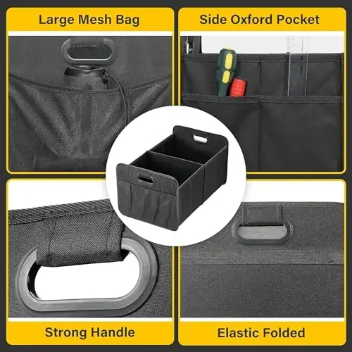 YSSOA Car Trunk Organizer, Collapsible 2 Compartment Non Slip Bottom, Waterproof Car Storage Box, 600D Oxford Polyester Sturdy Accessories for SUV, Mini-Van, 50L, Black - 4
