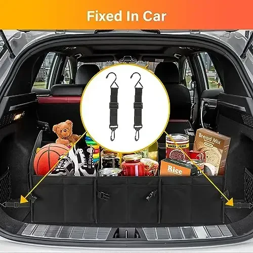 YSSOA Car Trunk Organizer, Collapsible 2 Compartment Non Slip Bottom, Waterproof Car Storage Box, 600D Oxford Polyester Sturdy Accessories for SUV, Mini-Van, 50L, Black - 7