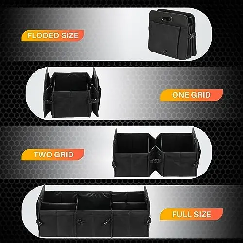 YSSOA Car Trunk Organizer, Collapsible 2 Compartment Non Slip Bottom, Waterproof Car Storage Box, 600D Oxford Polyester Sturdy Accessories for SUV, Mini-Van, 50L, Black - 5