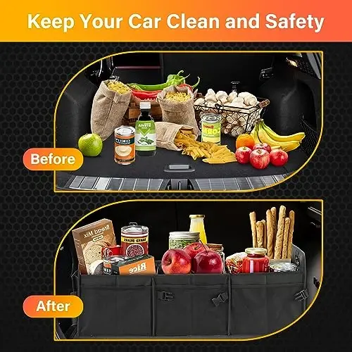 YSSOA Car Trunk Organizer, Collapsible 2 Compartment Non Slip Bottom, Waterproof Car Storage Box, 600D Oxford Polyester Sturdy Accessories for SUV, Mini-Van, 50L, Black - 6