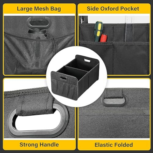 YSSOA Car Trunk Organizer, Foldable 2 Compartment 50L Storage Box with 5 Pocket & Reinforced Handle, 600D Waterproof Oxford Polyester, Non-Slip Bottom, for SUV/Truck, Black - 3