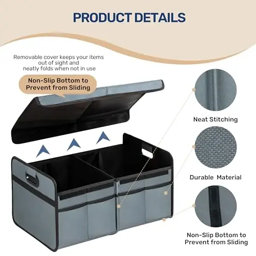 YSSOA Car Trunk Organizer with Lid, Collapsible 2 Compartment Automotive Storage Box, 600D Waterproof Oxford Polyester 50L Travel Accessories, Anti-slip & Leak-proof, Grey-Green - 3