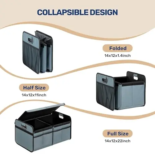 YSSOA Car Trunk Organizer with Lid, Collapsible 2 Compartment Automotive Storage Box, 600D Waterproof Oxford Polyester 50L Travel Accessories, Anti-slip & Leak-proof, Grey-Green - 2