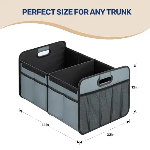 YSSOA Car Trunk Organizer with Lid, Collapsible 2 Compartment Automotive Storage Box, 600D Waterproof Oxford Polyester 50L Travel Accessories, Anti-slip & Leak-proof, Grey-Green - 4