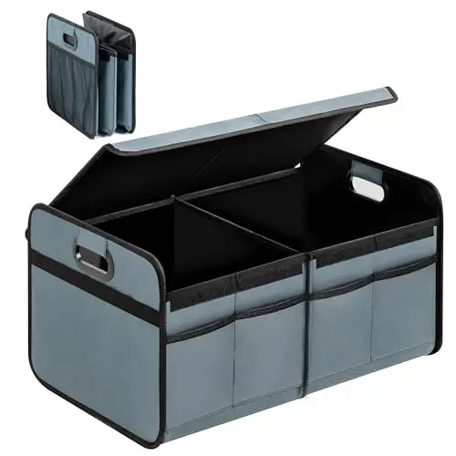 YSSOA Car Trunk Organizer with Lid, Collapsible 2 Compartment Automotive Storage Box, 600D Waterproof Oxford Polyester 50L Travel Accessories, Anti-slip & Leak-proof, Grey-Green - 1