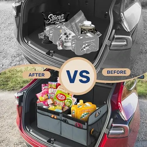 YSSOA Car Trunk Organizer with Lid, Collapsible 2 Compartment Automotive Storage Box, 600D Waterproof Oxford Polyester 50L Travel Accessories, Anti-slip & Leak-proof, Grey-Green - 6