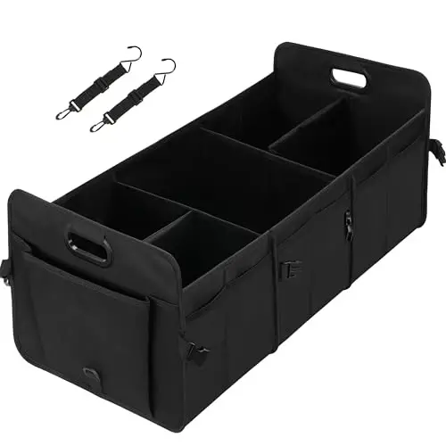 YSSOA Multi Compartments Collapsible Car Trunk Organizer, 600D Waterproof Oxford Polyester 50L Car Storage with Adjustable Strap & Anti-slip Bottom, for SUV, Truck, Black New - 1