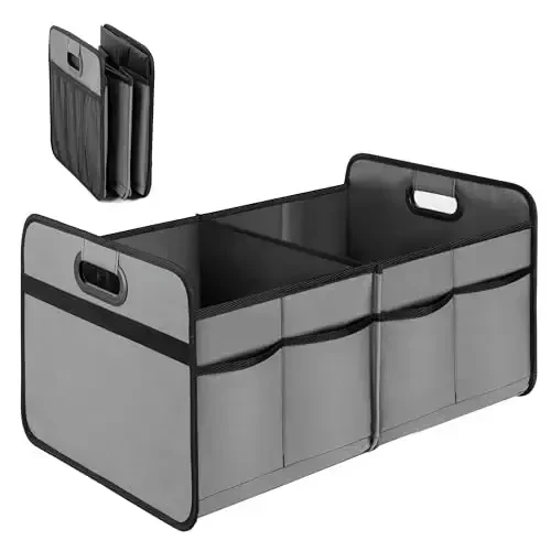 YSSOA Trunk Organizer Avtomobil/SUV/Yuk mashinalari uchun, Yig'iladigan 2 bo'linmali Avtomobil Saqlash qutisi, 600D Suv o'tkazmaydigan Oxford Polyester 50L Sayohat Aksessuarlari, Sirpanishga qarshi va Sizmaslikka qarshi, Kulrang - 1