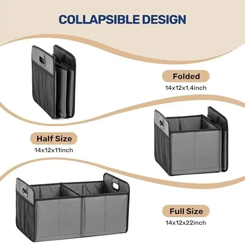 YSSOA Trunk Organizer Avtomobil/SUV/Yuk mashinalari uchun, Yig'iladigan 2 bo'linmali Avtomobil Saqlash qutisi, 600D Suv o'tkazmaydigan Oxford Polyester 50L Sayohat Aksessuarlari, Sirpanishga qarshi va Sizmaslikka qarshi, Kulrang - 4