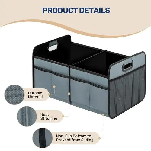 YSSOA Trunk Organizer Avtomobil/SUV/Yuk mashinasi uchun, Yig'iladigan 2 bo'lmali avtomobil saqlash qutisi, 600D suv o'tkazmaydigan Oxford Polyester 50L sayohat aksessuarlari, sirpanishga qarshi va suv o'tkazmaydigan, kulrang-yashil - 4