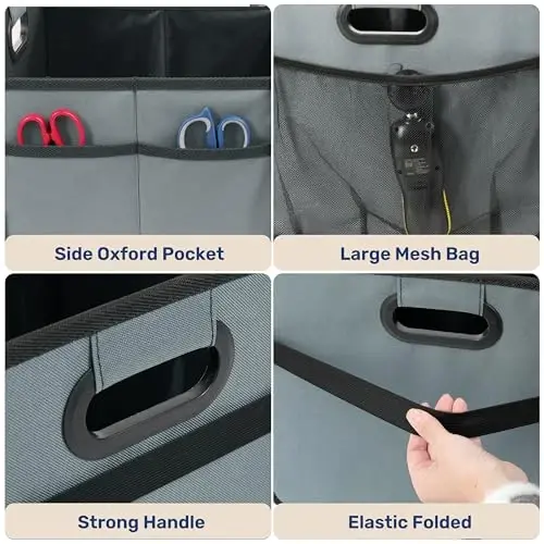 YSSOA Trunk Organizer Avtomobil/SUV/Yuk mashinasi uchun, Yig'iladigan 2 bo'lmali avtomobil saqlash qutisi, 600D suv o'tkazmaydigan Oxford Polyester 50L sayohat aksessuarlari, sirpanishga qarshi va suv o'tkazmaydigan, kulrang-yashil - 6