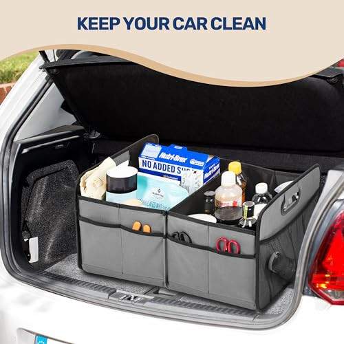 YSSOA Trunk Organizer for Car/SUV/Truck, Collapsible 2 Compartment Automotive Storage Box, 600D Waterproof Oxford Polyester 50L Travel Accessories, Anti-slip & Leak-proof, Grey - 8