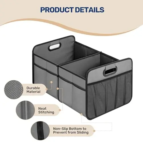YSSOA Trunk Organizer for Car/SUV/Truck, Collapsible 2 Compartment Automotive Storage Box, 600D Waterproof Oxford Polyester 50L Travel Accessories, Anti-slip & Leak-proof, Grey - 5
