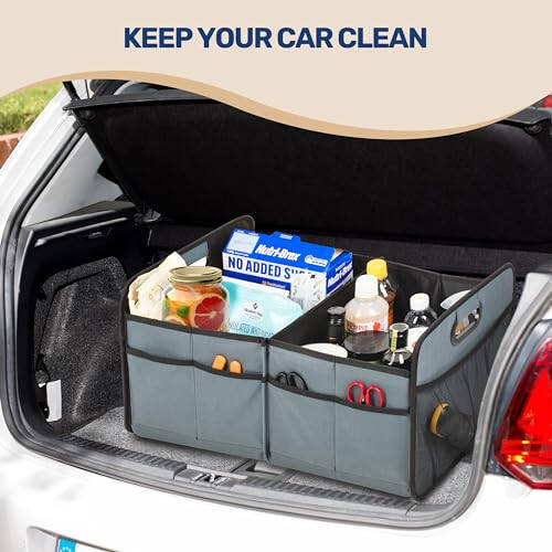 YSSOA Trunk Organizer for Car/SUV/Truck, Collapsible 2 Compartment Automotive Storage Box, 600D Waterproof Oxford Polyester 50L Travel Accessories, Anti-slip & Leak-proof, Grey-Green - 8