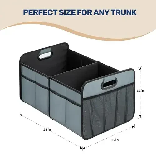 YSSOA Trunk Organizer for Car/SUV/Truck, Collapsible 2 Compartment Automotive Storage Box, 600D Waterproof Oxford Polyester 50L Travel Accessories, Anti-slip & Leak-proof, Grey-Green - 3
