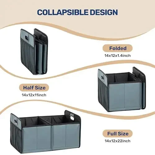 YSSOA Trunk Organizer for Car/SUV/Truck, Collapsible 2 Compartment Automotive Storage Box, 600D Waterproof Oxford Polyester 50L Travel Accessories, Anti-slip & Leak-proof, Grey-Green - 4