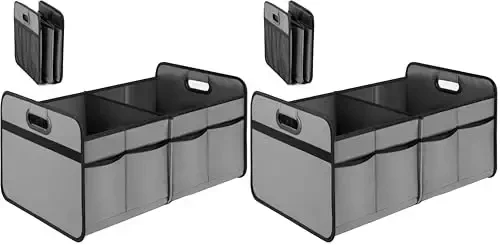 YSSOA Trunk Organizer for Car/SUV/Truck, Collapsible 2 Compartment Automotive Storage Box, 600D Waterproof Oxford Polyester 50L Travel Accessories, Anti-slip & Leak-proof, Grey (Pack of 2) - YSSOA