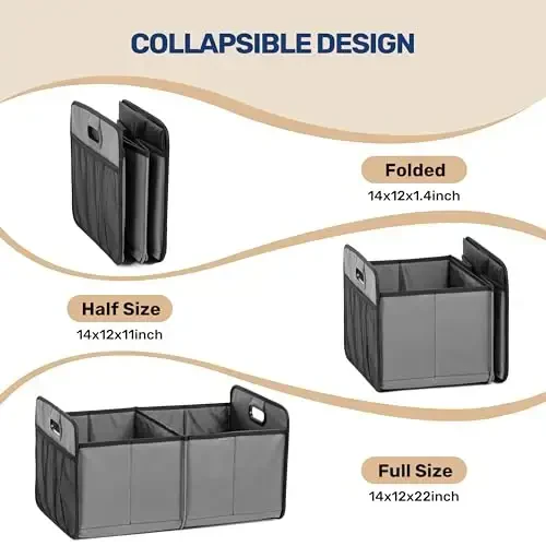 YSSOA Trunk Organizer for Car/SUV/Truck, Collapsible 2 Compartment Automotive Storage Box, 600D Waterproof Oxford Polyester 50L Travel Accessories, Anti-slip & Leak-proof, Grey (Pack of 2) - 4