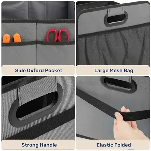 YSSOA Trunk Organizer for Car/SUV/Truck, Collapsible 2 Compartment Automotive Storage Box, 600D Waterproof Oxford Polyester 50L Travel Accessories, Anti-slip & Leak-proof, Grey (Pack of 2) - 6
