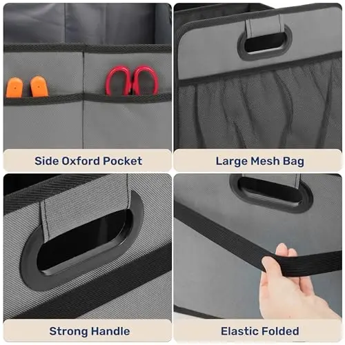 YSSOA Trunk Organizer for Car/SUV/Truck, Collapsible 2 Compartment Automotive Storage Box, 600D Waterproof Oxford Polyester 50L Travel Accessories, Anti-slip & Leak-proof, Grey (Pack of 2) - 5