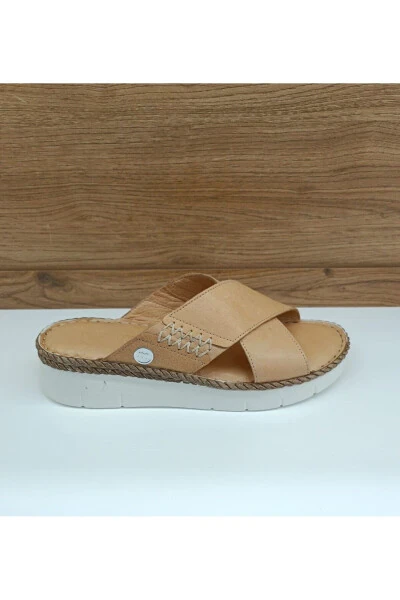 YT2125 Beige Genuine Leather Casual Women's Slippers - MAMMAMIA