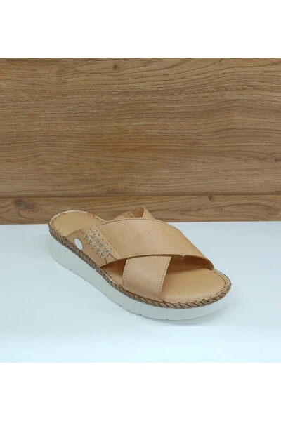 YT2125 Beige Genuine Leather Casual Women's Slippers - MAMMAMIA (1)