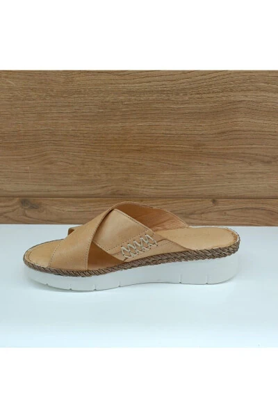 YT2125 Beige Genuine Leather Casual Women's Slippers - 3