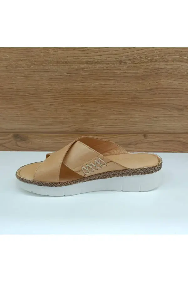 YT2125 Beige Genuine Leather Casual Women's Slippers - 3