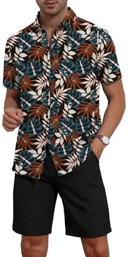 YTD Men's 2 Piece Outfits Tropical Print Short Sleeve Button Down Hawaiian Shirt and Beach Shorts Set - 3