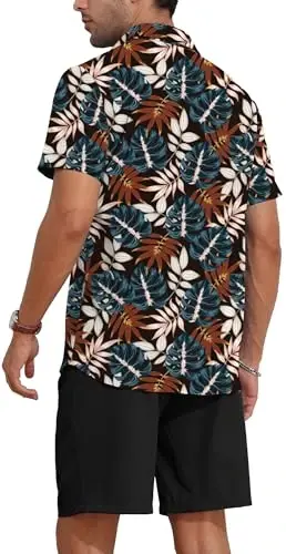 YTD Men's 2 Piece Outfits Tropical Print Short Sleeve Button Down Hawaiian Shirt and Beach Shorts Set - 5