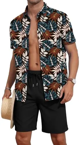 YTD Men's 2 Piece Outfits Tropical Print Hawaiian Shirt & Shorts Set | Short Sleeve, Button Down, Beach Shorts - YTD