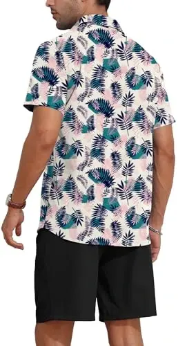 YTD Erkek 2 Parça Kıyafet Tropikal Baskılı Hawaii Gömlek & Şort Takımı | Kısa Kollu, Düğmeli, Plaj Şortu - 3